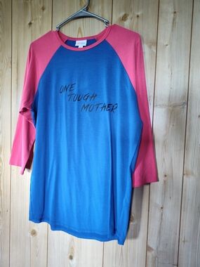 LuLaRoe Blue and Pink Raglan Tee with 'One Tough Mother' Graphic
